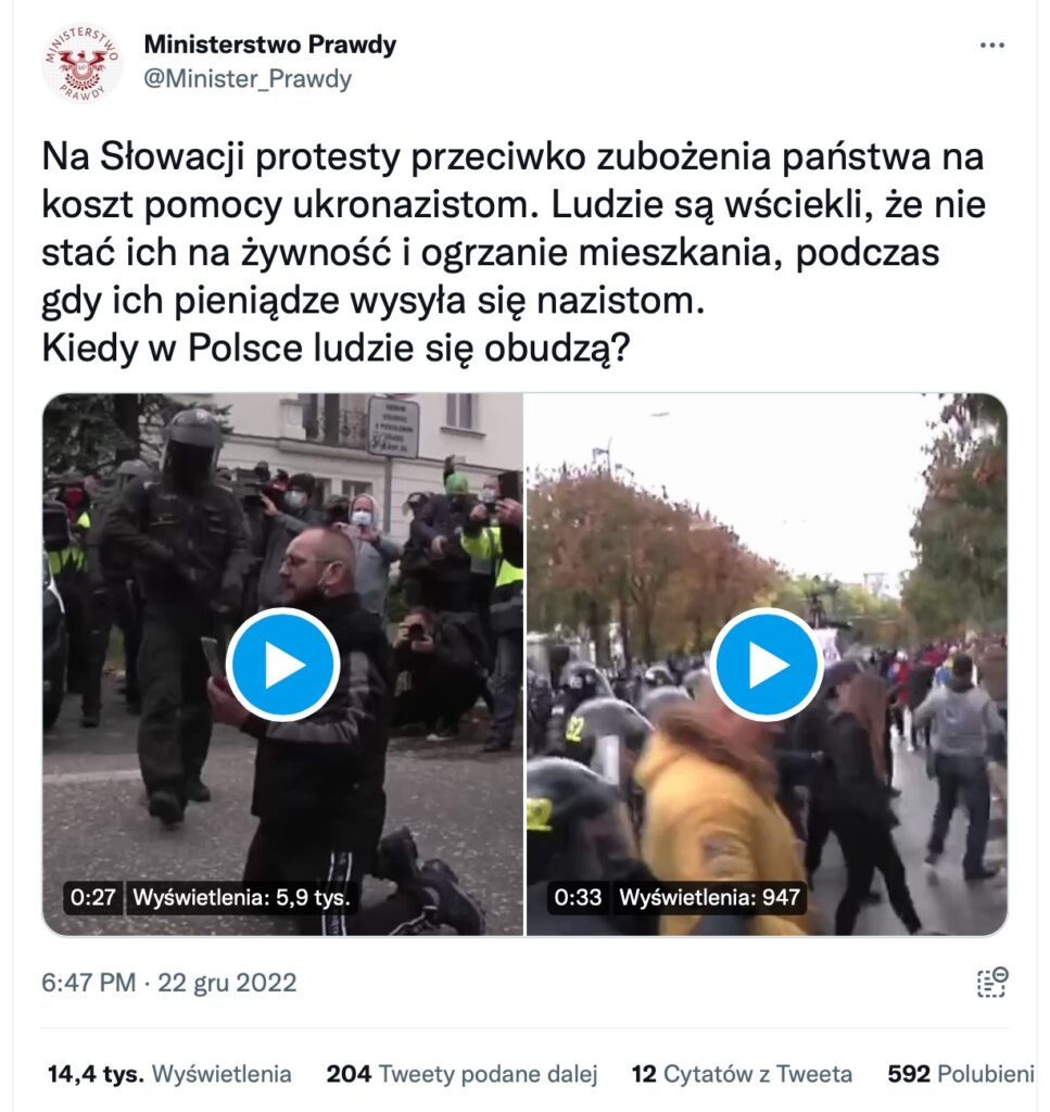 Na obrazku: Na Słowacji protesty przeciwko zubożenia państwa na koszt pomocy ukronazistom. Ludzie są wściekli, że nie stać ich na żywność i ogrzanie mieszkania, podczas gdy ich pieniądze wysyła się nazistom. Kiedy w Polsce ludzie się obudzą?