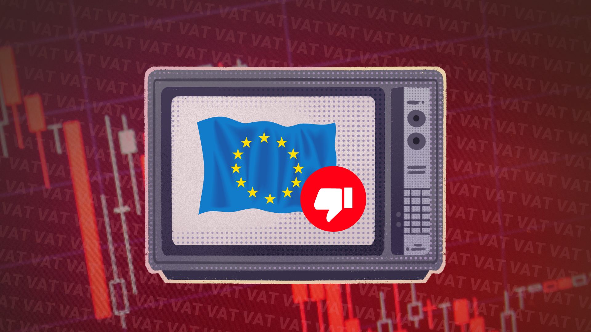 Obrazek przedstawia telewizor wyświetlający flagę UE z symbolem kciuka w dół.