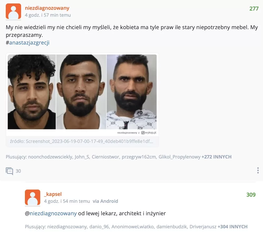 Na grafice przedstawieni są trzej mężczyźni o ciemnej karnacji. Opis sugeruje, że to zdjęcie morderców kobiety.